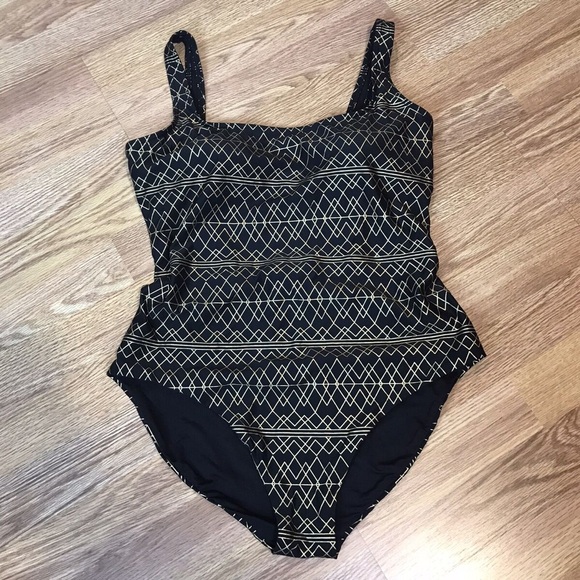 Niptuck Womens One Piece Swimsuit Black Gold Foil Pattern Print Size US 6 - Picture 1 of 5